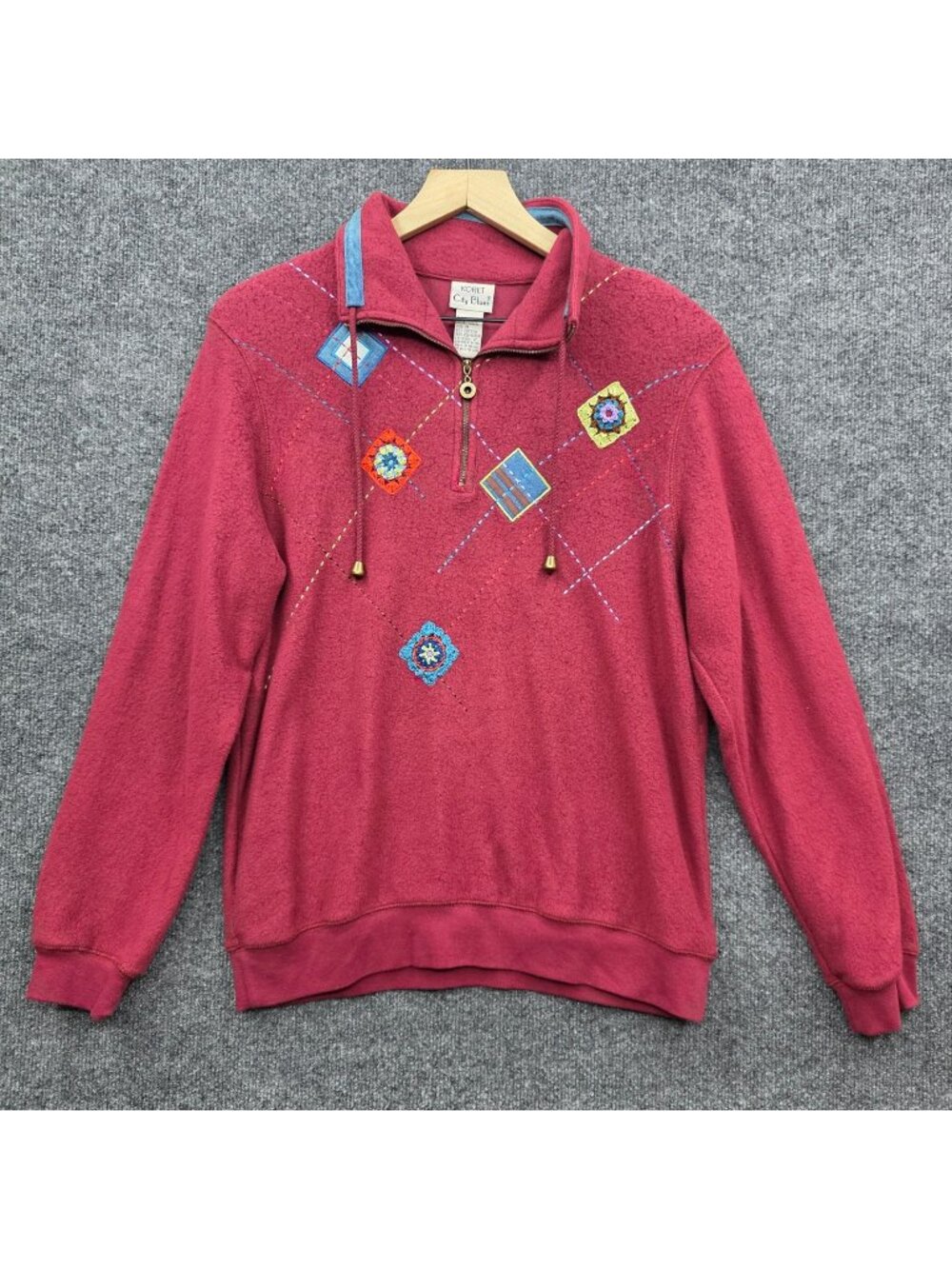 Vintage Koret Quarter Zip Pullover M Red Cottagecore Crochet Patch Folk Art Boho